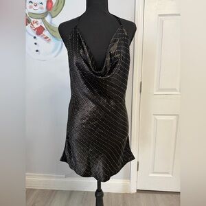 ZARA Black Satin Crystal Studded Cowl Neck Mini Dress – Size S